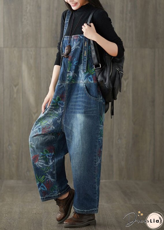 Style Navy Patchwork Print Denim Wide Leg Jumpsuit Spring