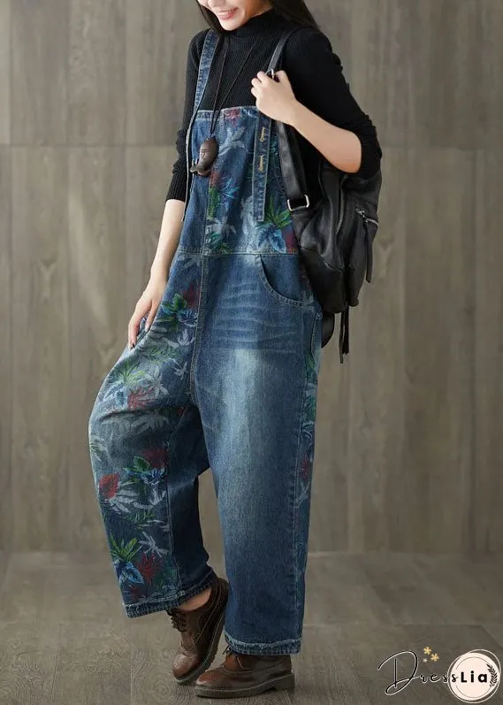 Style Navy Patchwork Print Denim Wide Leg Jumpsuit Spring