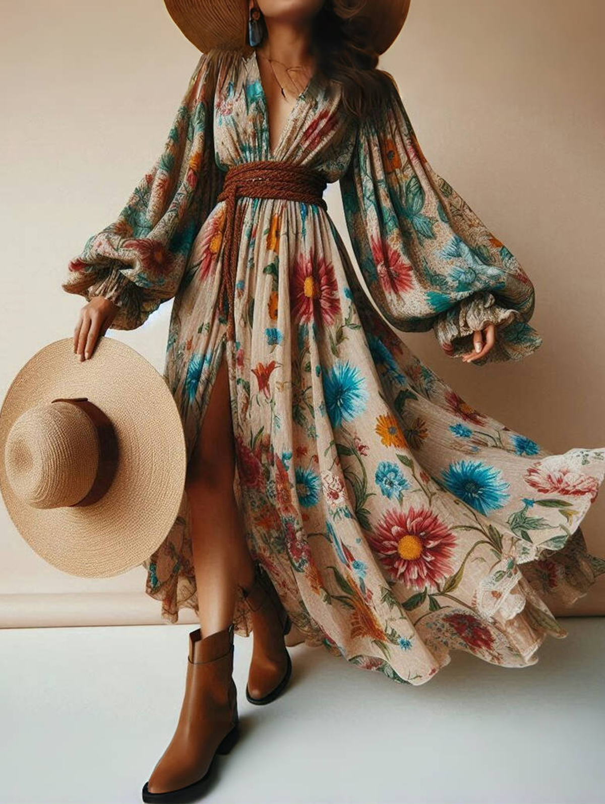 Ursime Deep V Neck Floral Print Lantern Sleeve Maxi Dress