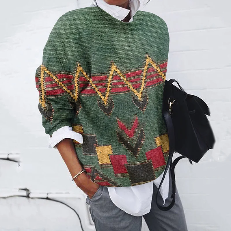 Vintage Contrasting Geometric Wave Pattern Women's Sweater