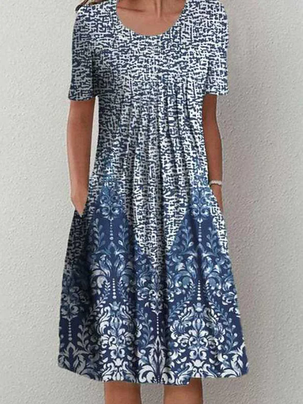 Temperament Blue Vintage Print Midi Dress