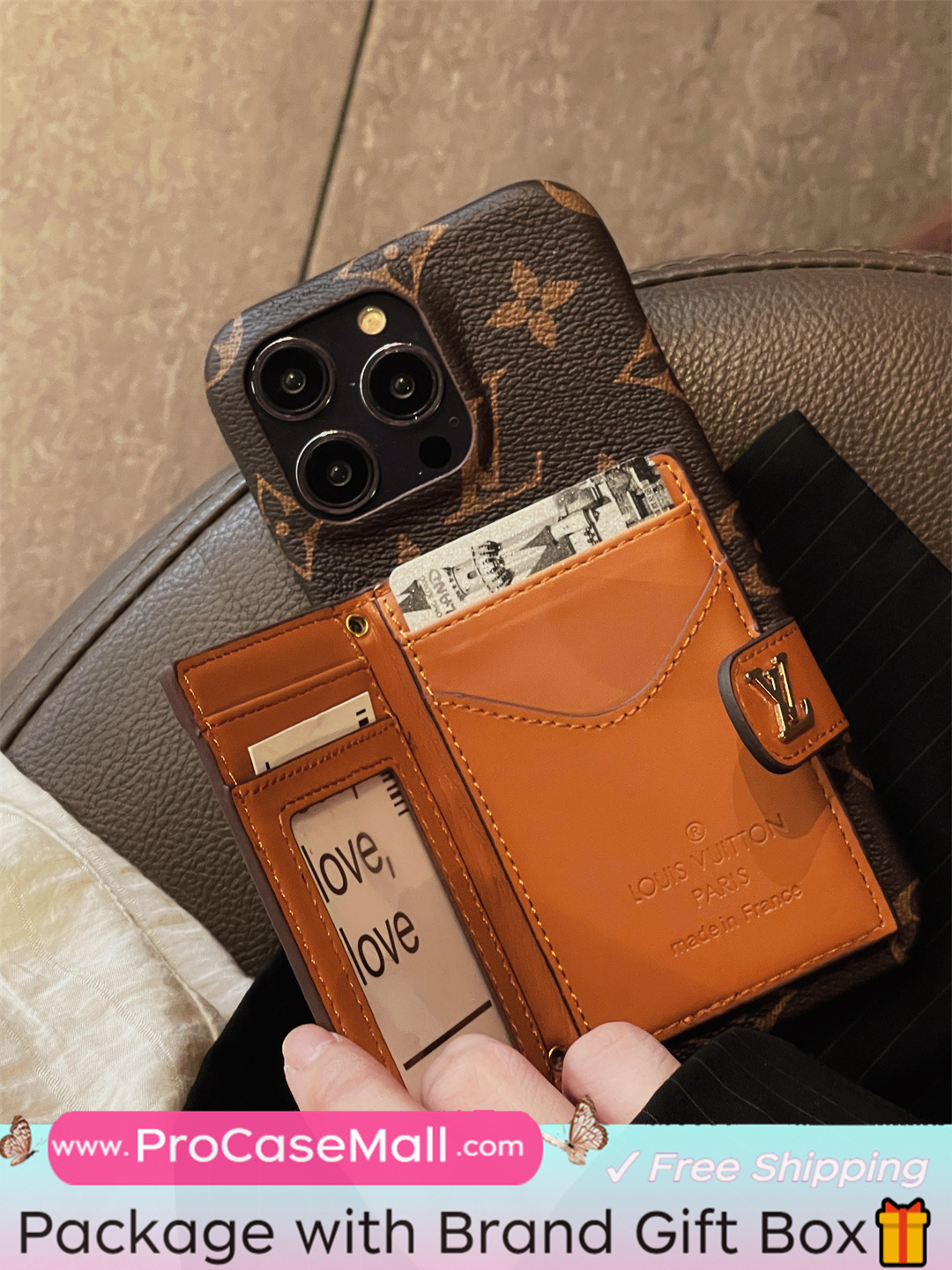 LV Canvas Leather Wallet Card Holder Crossbody Apple iPhone Case