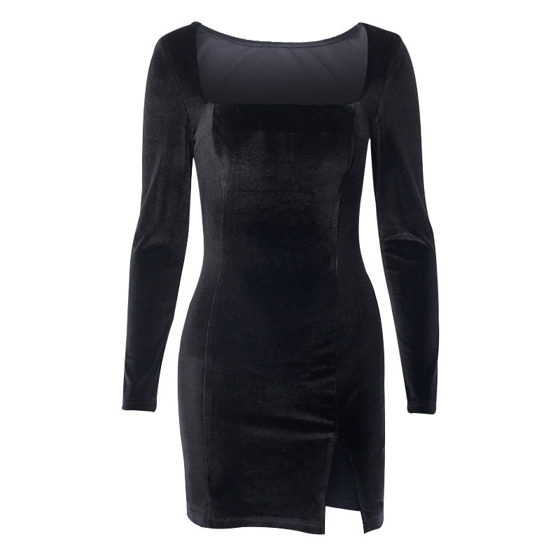 InstaHot Square Neck Velvet Split Dress Elegant Black Long Sleeve Slim Autumn Women Mini Dress Elegant Casual Vintage Cheongsam