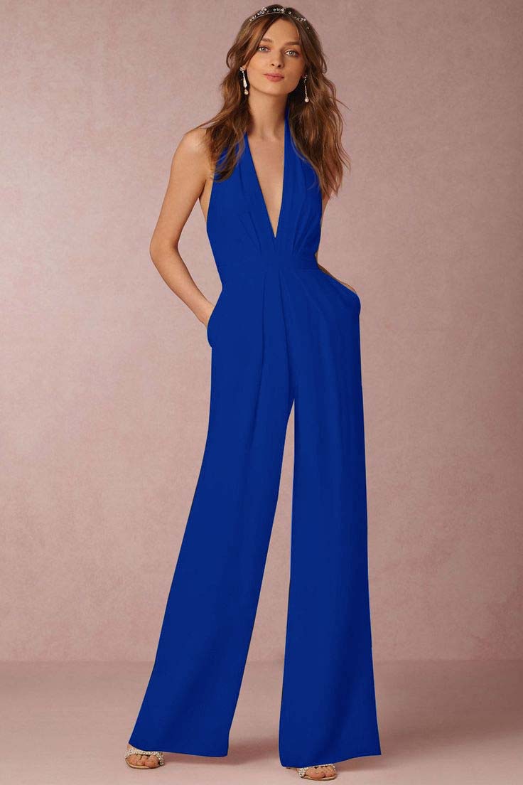 Hidais Stylish Black Halter Sleeveless High Waist Long Wid-Leg Jumpsuit with Pleated
