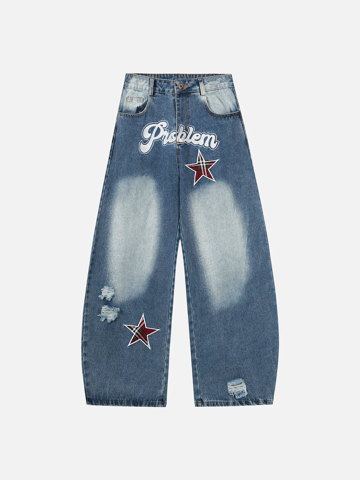 Blue Act Chic Plaid Star Embroidery Jeans Front
