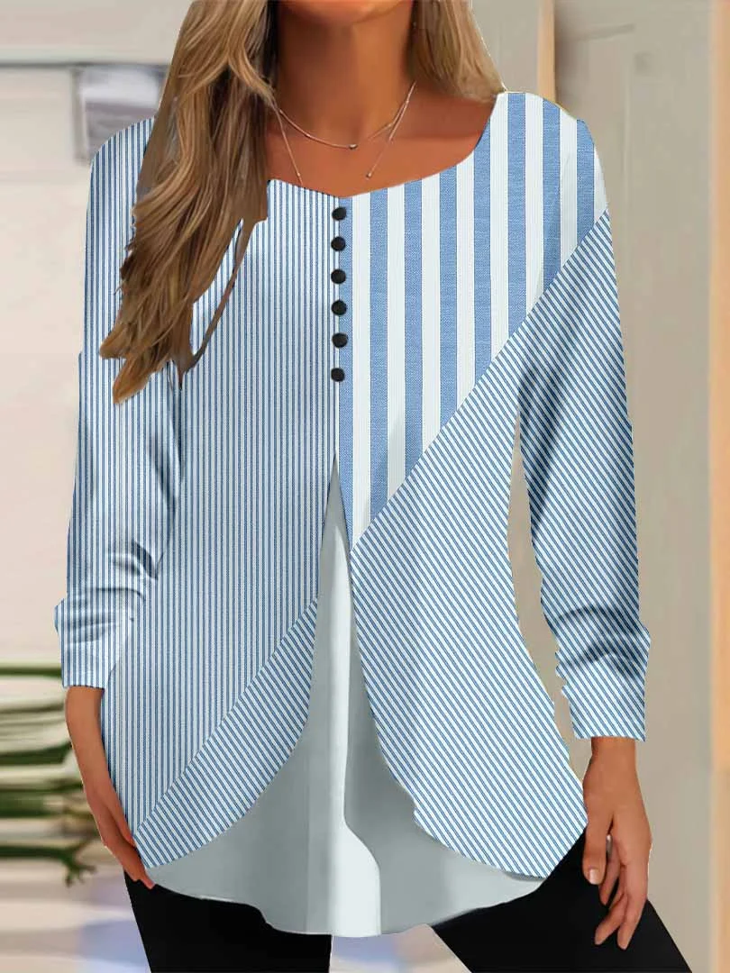 Women Striped,Blue DZGG8301 Long Sleeve Scoop Neck Printed Graphic Button Fake 2in1 Tops