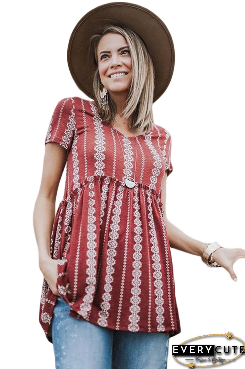 Red Short Sleeve V Neck Floral Print Peplum Tunic Top