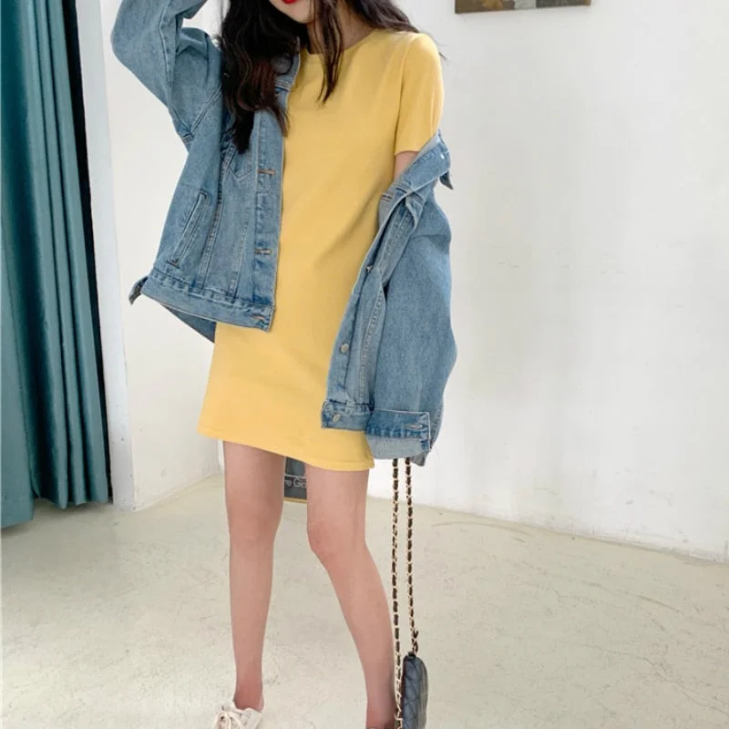 Summer Short Sleeve Dress Solid O-neck Loose Womens Leisure Daily Streetwear Simple All-match Korean Style Chic Trendy BF New