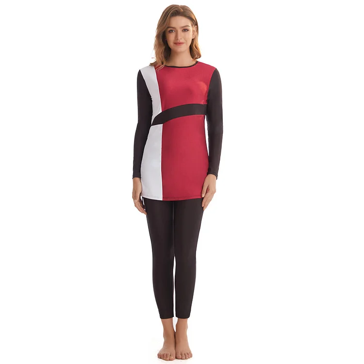 Burkini Swimwear Muslim Fashion Outfits Ladies Conservative Sun Protection Long Sleeve Color Matching Beach Swimsuit