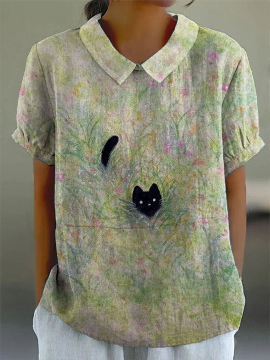 Women's Vintage Cute Cat Floral Art Print Casual Cotton And Linen Shirt