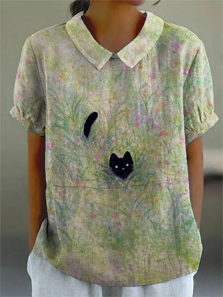 Women's Vintage Cute Cat Floral Art Print Casual Cotton And Linen Shirt