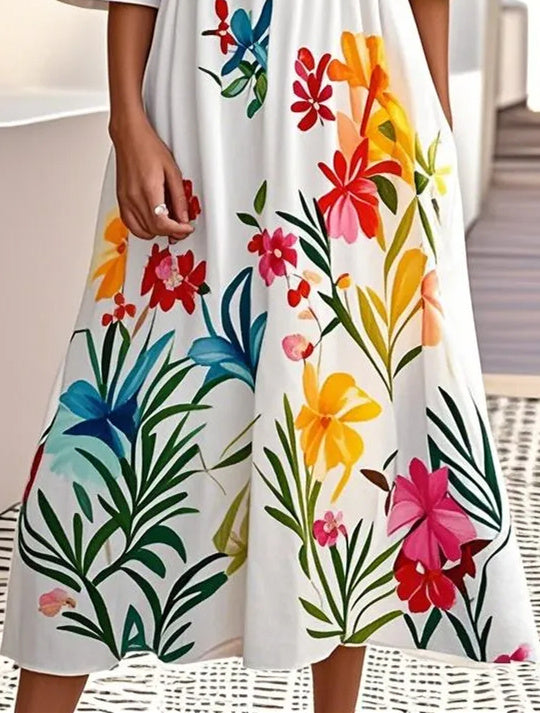 Women's Short Sleeve Scoop Neck Floral Printed Graphic Midi Dress