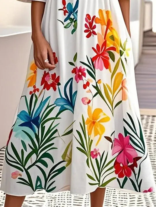 Women's Short Sleeve Scoop Neck Floral Printed Graphic Midi Dress