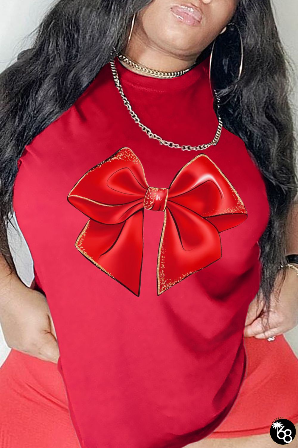 Red Street Cute Print Patchwork O Neck T-Shirts | 168DEAL