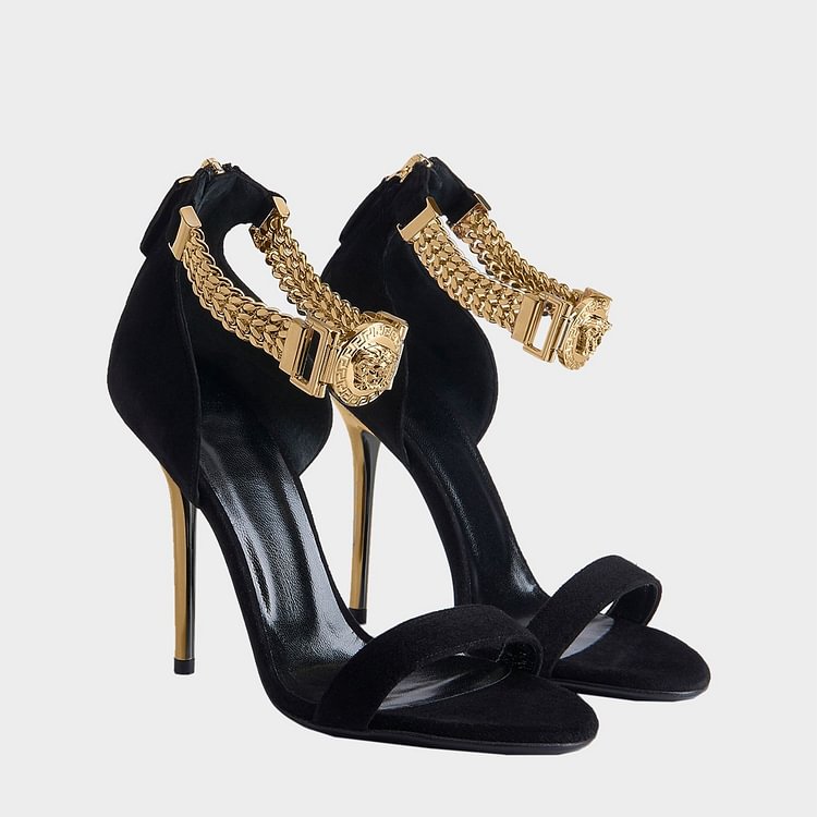 Black and Gold Chains Evening Shoes Sexy Stiletto Heels Sandals|FSJshoes