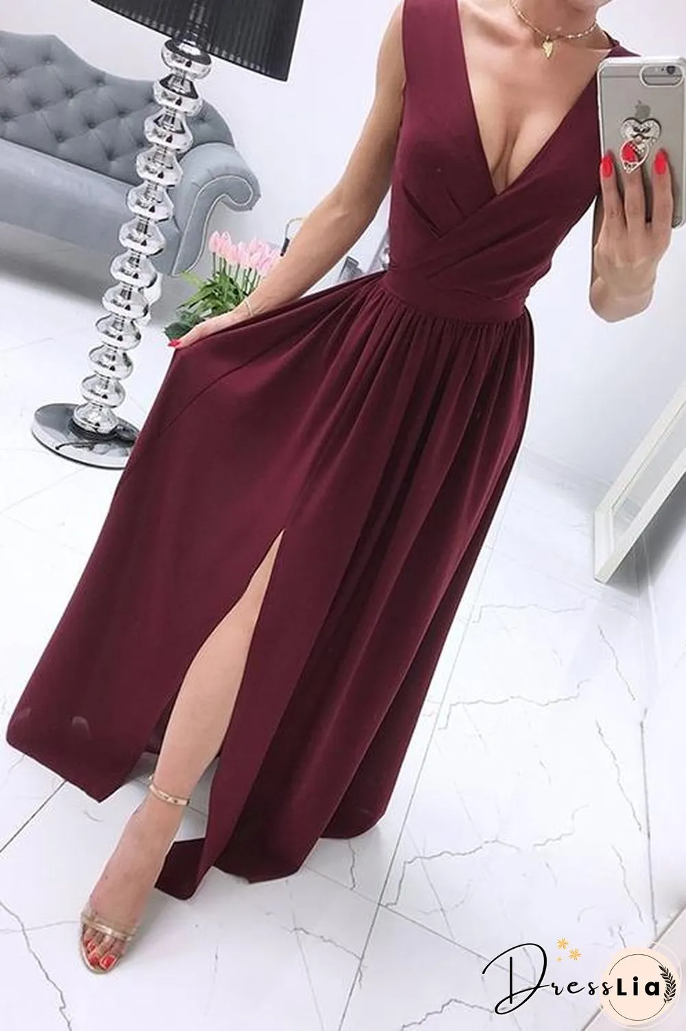 Deep V Neck Slit Maxi Dress