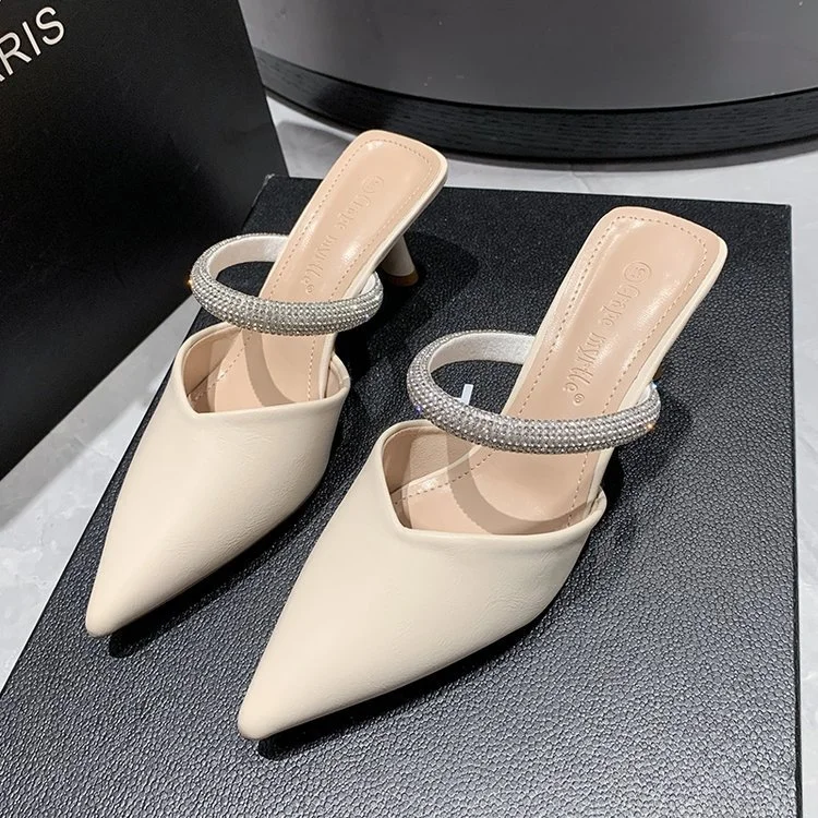 Wongn Wongn Summer New Fashion Pointed Head Half Drag Diamond A Word With High Heel Slippers Thin Heel Women's Shoes