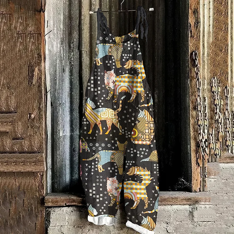 Utbros Cozy Geometry Kitten Graphic Casual Loose Jumpsuit