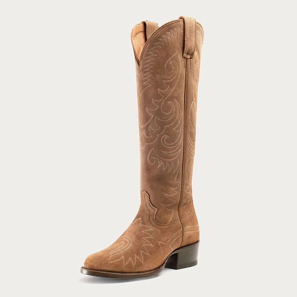 Brown Chunky Heel Embroidered Round-Toe Cowgirl Boots for Women