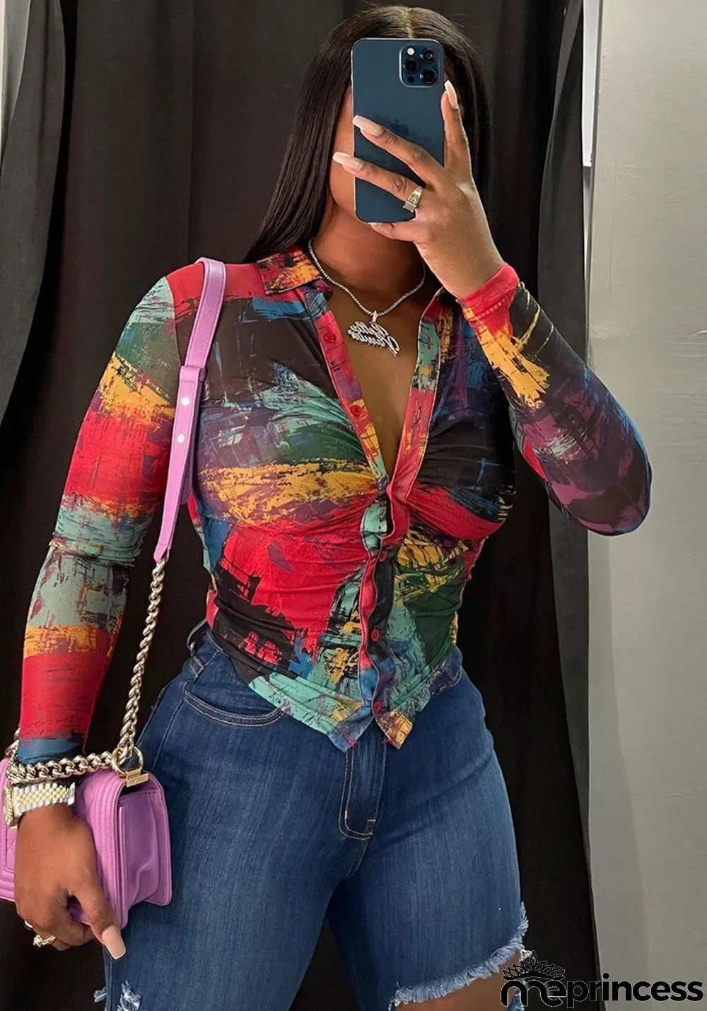 Women Spring Printed Sexy Turn-down Collar Full Sleeves Short Blouse