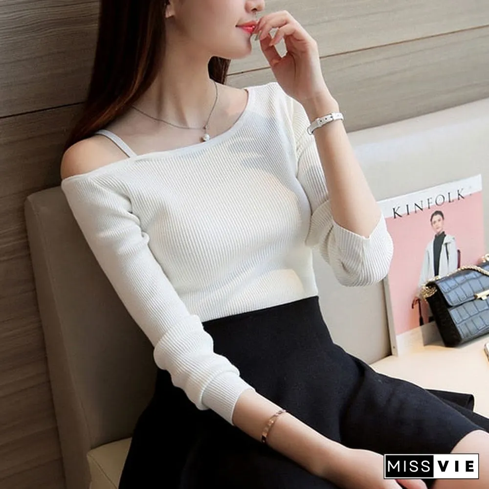 Christmas Gift Off Shoulder Sexy Women Long Sleeve Knitted Sweater Solid Skinny Slim Sweater Women Spring And Winter Pullovers