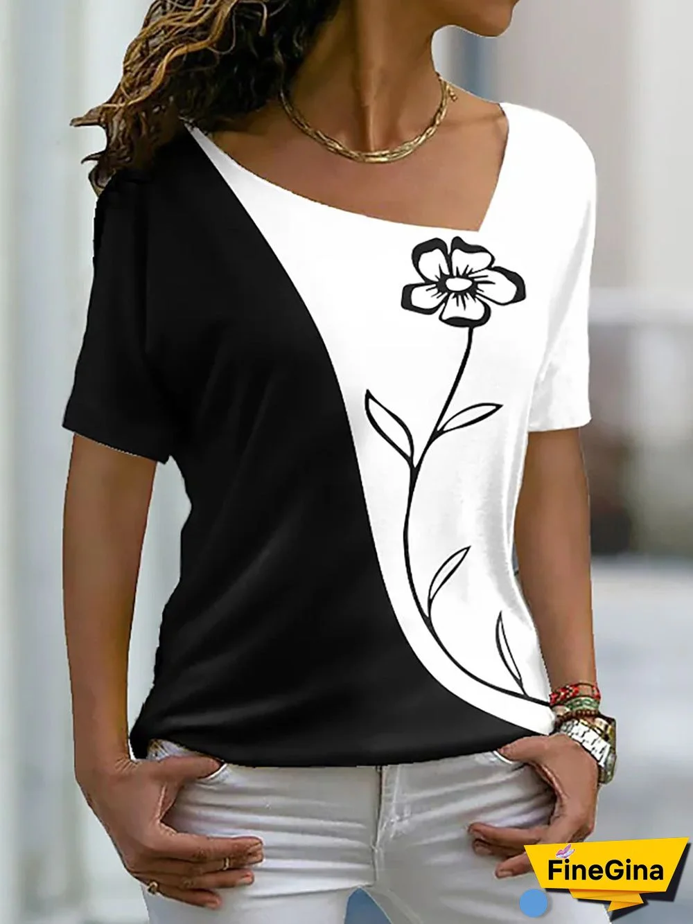 Women's Short Sleeve L-neck Floral Printed Casual Top