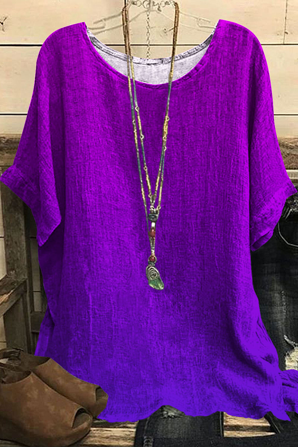 Flycurvy Plus Size Casual Ombre Purple Solid Round Neck Linen Blouse 2024 - Flycurvy 