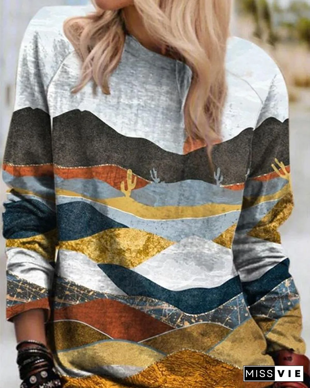 Printed Crew Collar Casual Long Sleeve Shirts & Tops