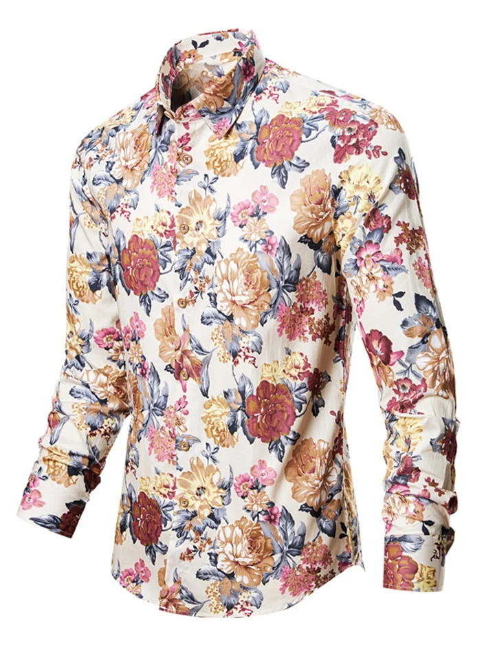 Men's Casual Flower Shirt Fashion Printing Slim Lapel Long-sleeved Shirt