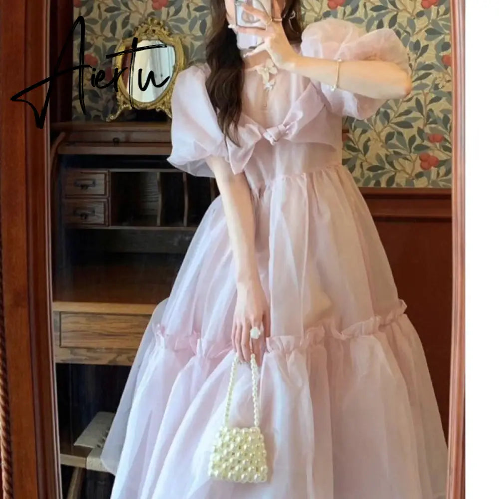 France Vintage Mesh Dress Women Summer Blue White Black Retro Evening Party Dresses Sweet Korean Princess Fairy Dress Aiertu