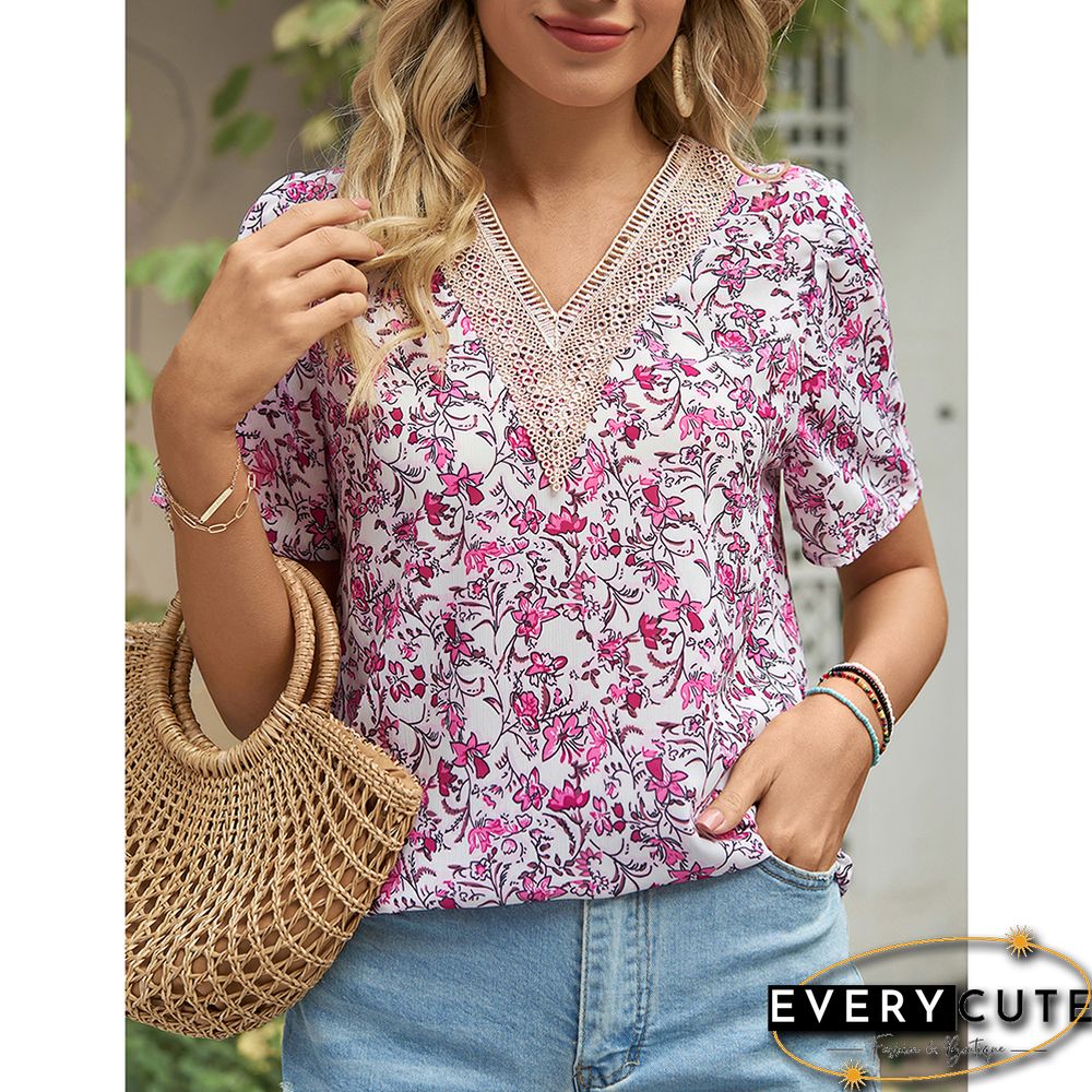 Purplish Red V Neck Floral Chiffon Short Sleeve Tees