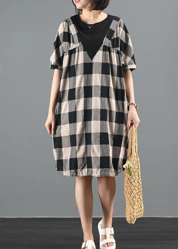 Bohemian o neck patchwork summer clothes linen black plaid Dresses