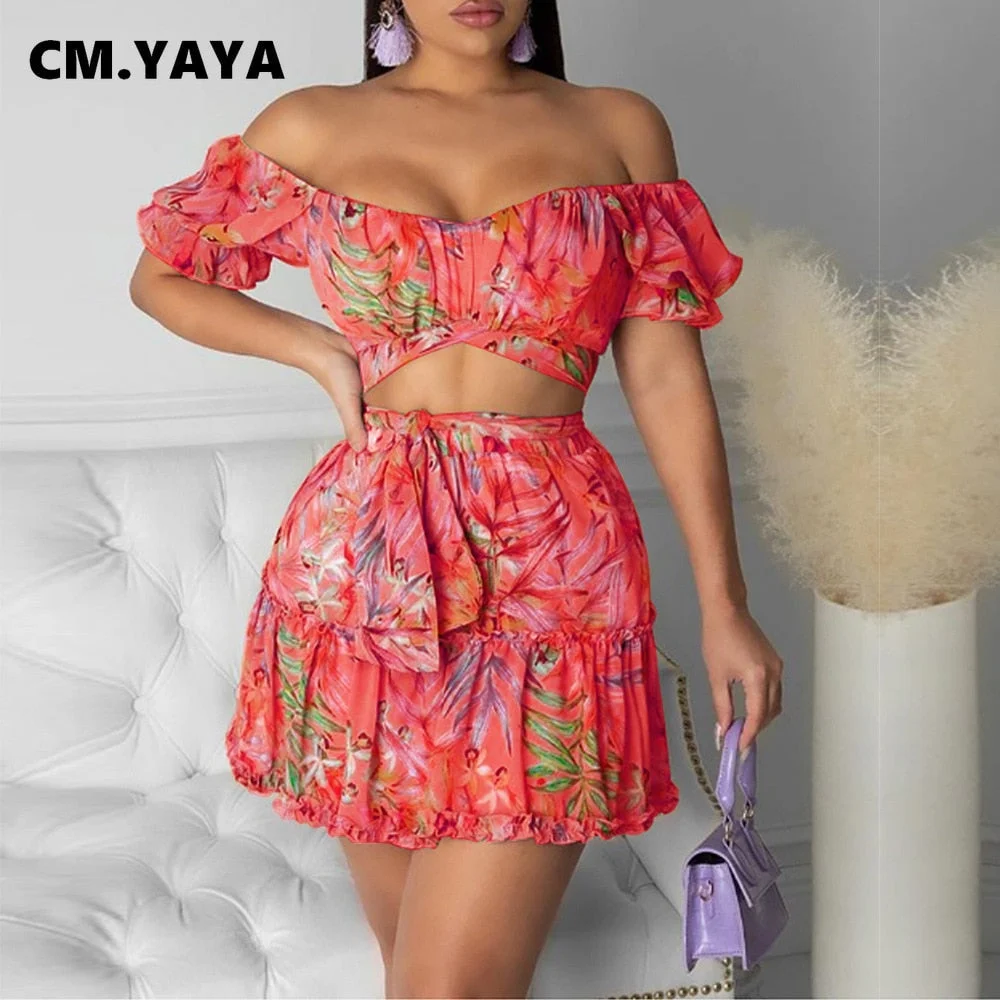 CM.YAYA Foral Beach Bohemian Women's Tracksuit Mini Pleated Skirts Set with Crop Tops Matching Two 2 Piece Set Active Sweatsuit