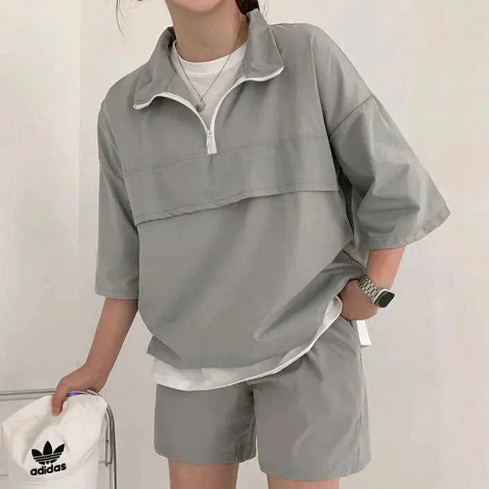 Churchf Women's 2 Pieces Set Turtleneck Long Sleeve Top And Shorts Suit Female Korean Style Clothes Summer Casual Tracksuit