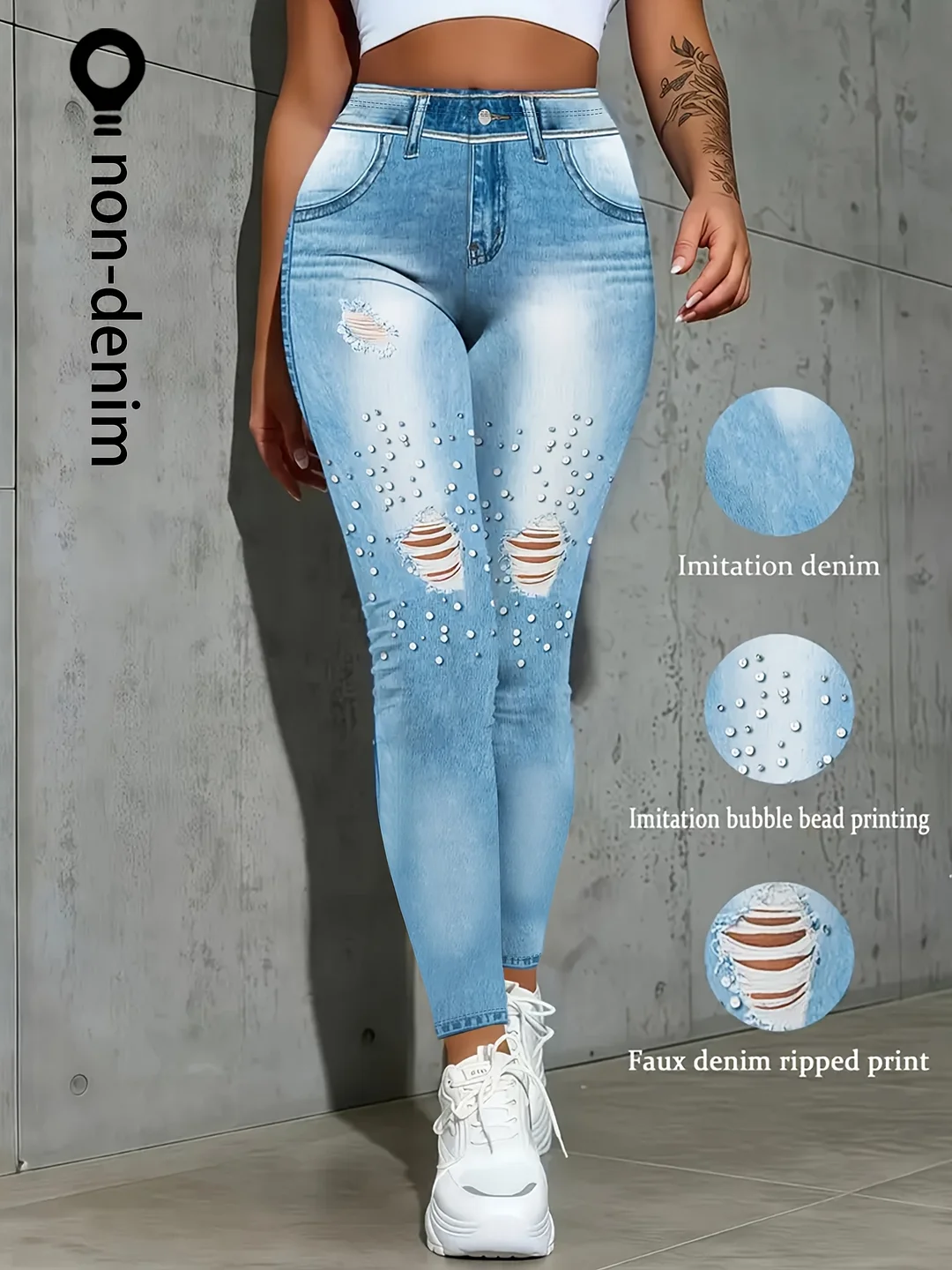 Women's Skinny Jeans - Non-Transparent Stretch Pants With Fake Distressed Look, Machine Washable Imitation Denim Leggings For Everyday & Formal Outfits - Jeans Alternative, Low Waisted Jeans, Casual Wear, Stylish Ripped Details, Comfortable Fit | IFYHOME