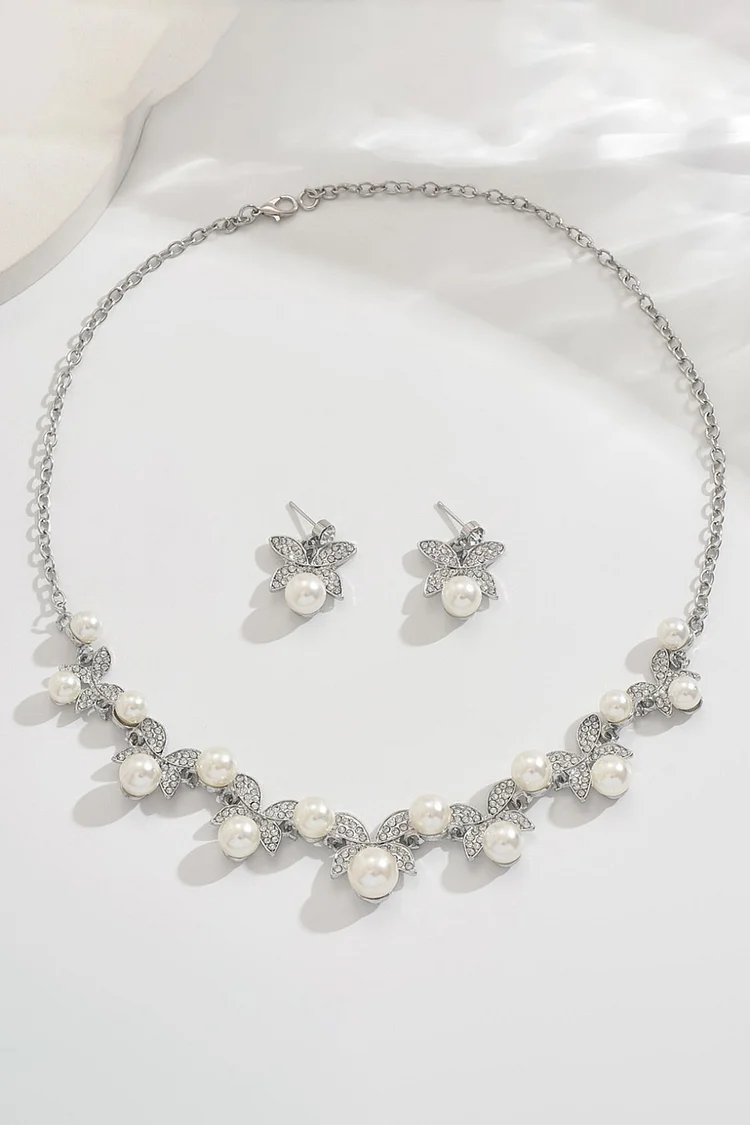 Wedding Rhinestone Butterfly Shaped Pearl Beads Earrings Necklace Jewelry Set 2024 - Xpluswear