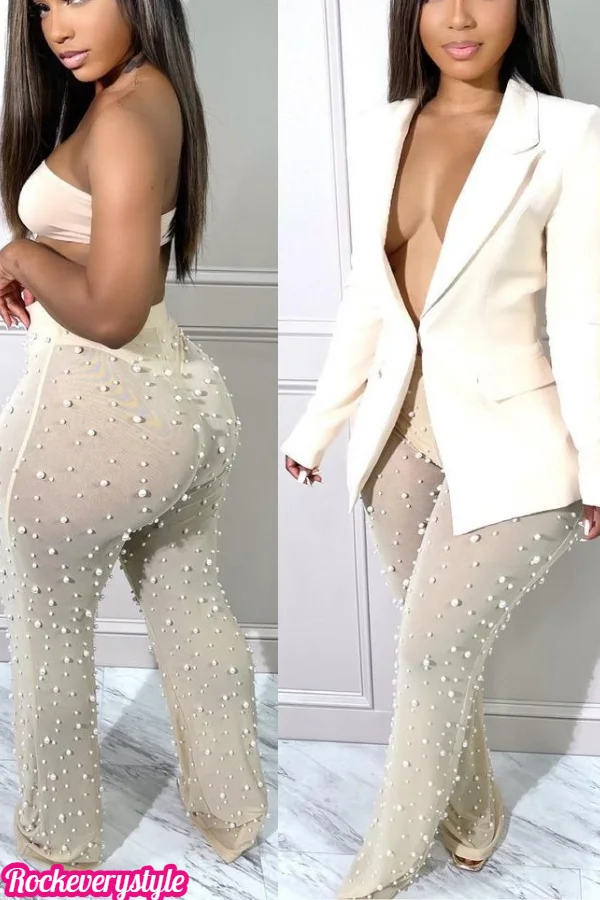 Sexy Solid Color Slim Blazer Sheer Mesh Beaded Pant Two Piece Suits
