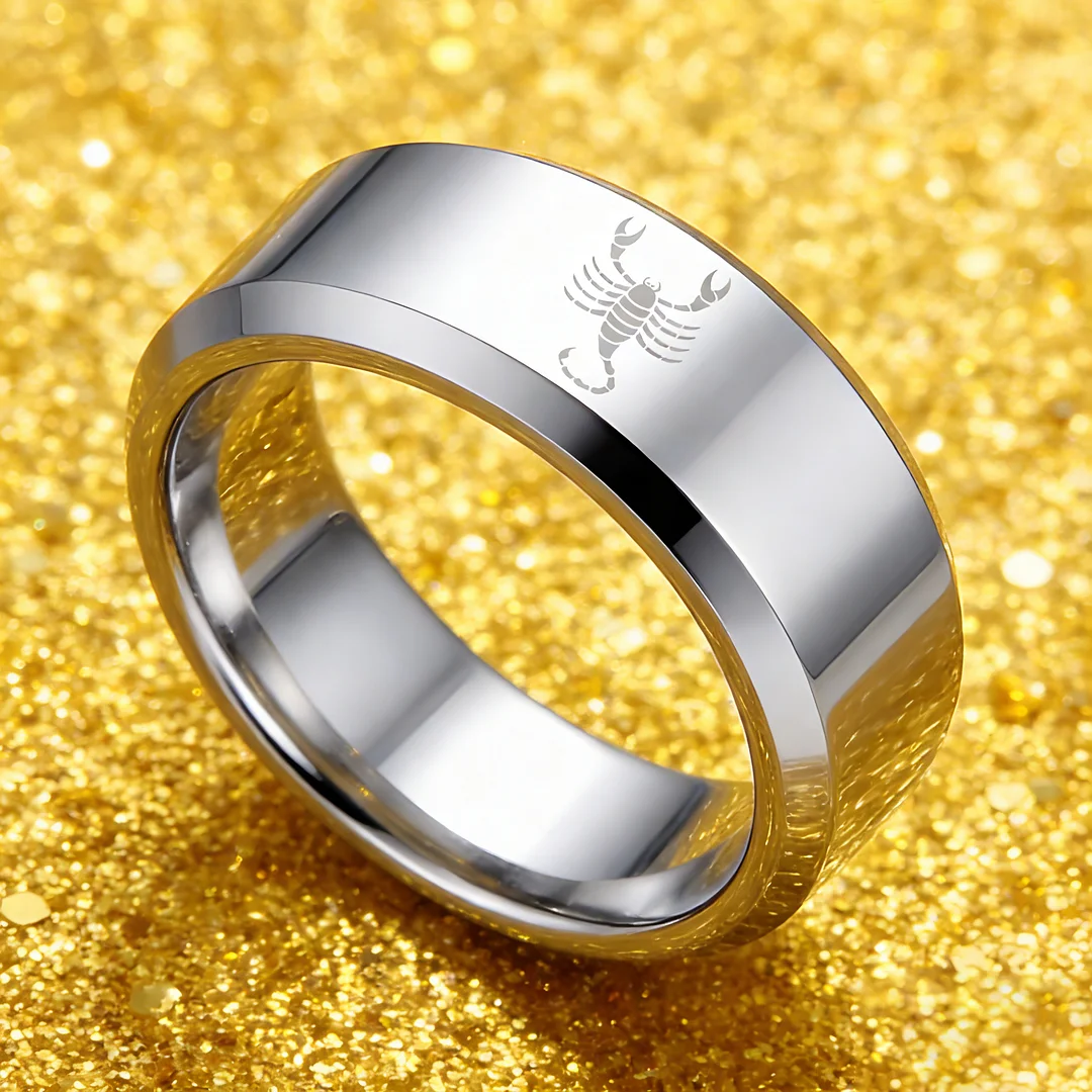 Beveled Edges Sliver Laser Etched Couple Tungsten Carbide Rings Sliver Scorpio Tungsten Wedding Bands 4MM 6MM 8MM Width
