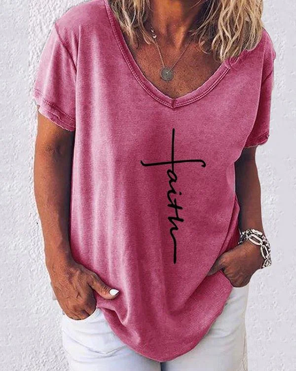 Print V-Neckline Short Sleeve Casual T-shirts