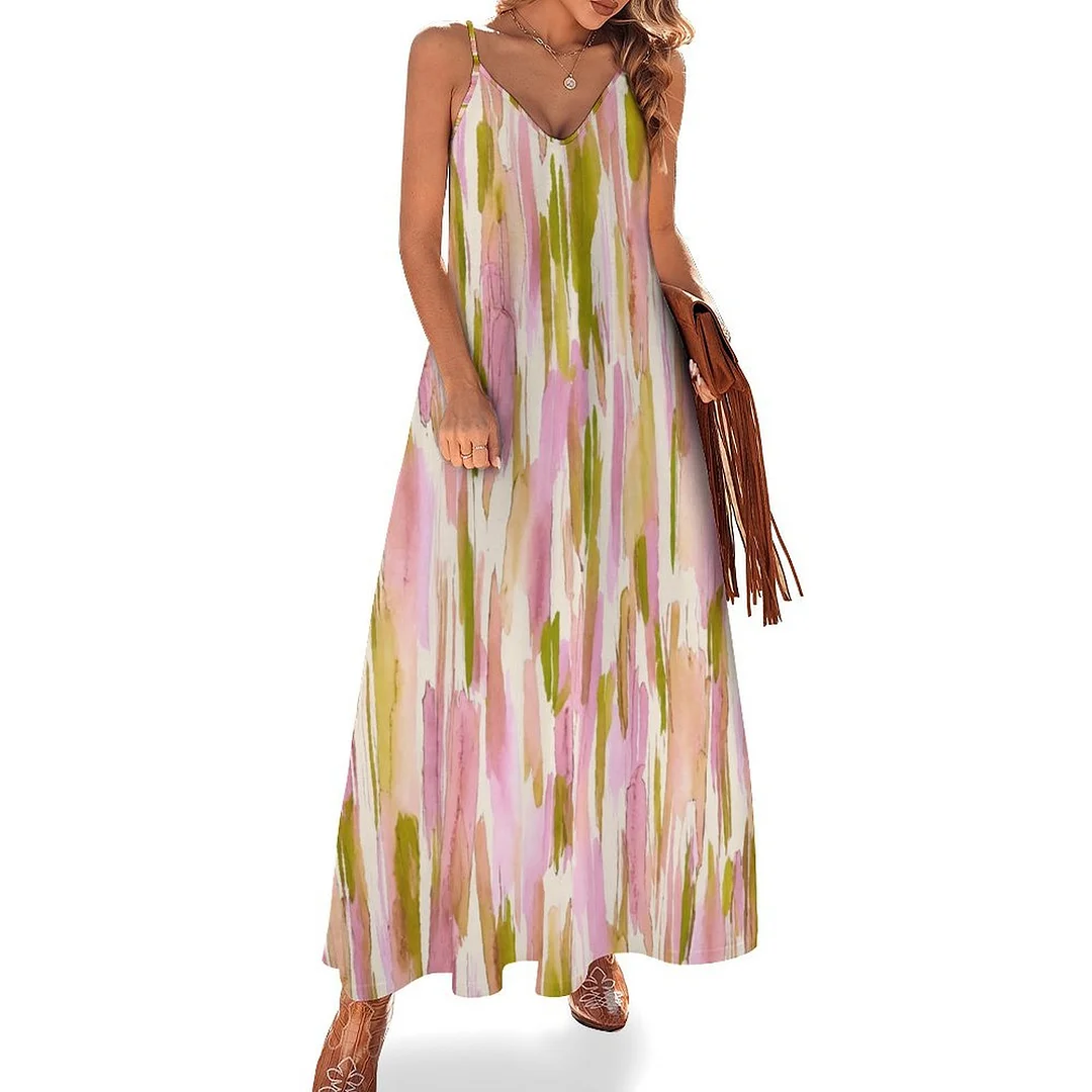 Style & Comfort for Mature Women Plus Size Printed Sling Casual Women Maxi Dress in Pattern Striped, Glitter, Pink