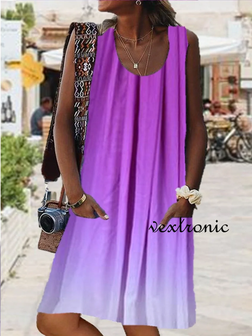 Women Sleeveless U-neck Gradient Dress