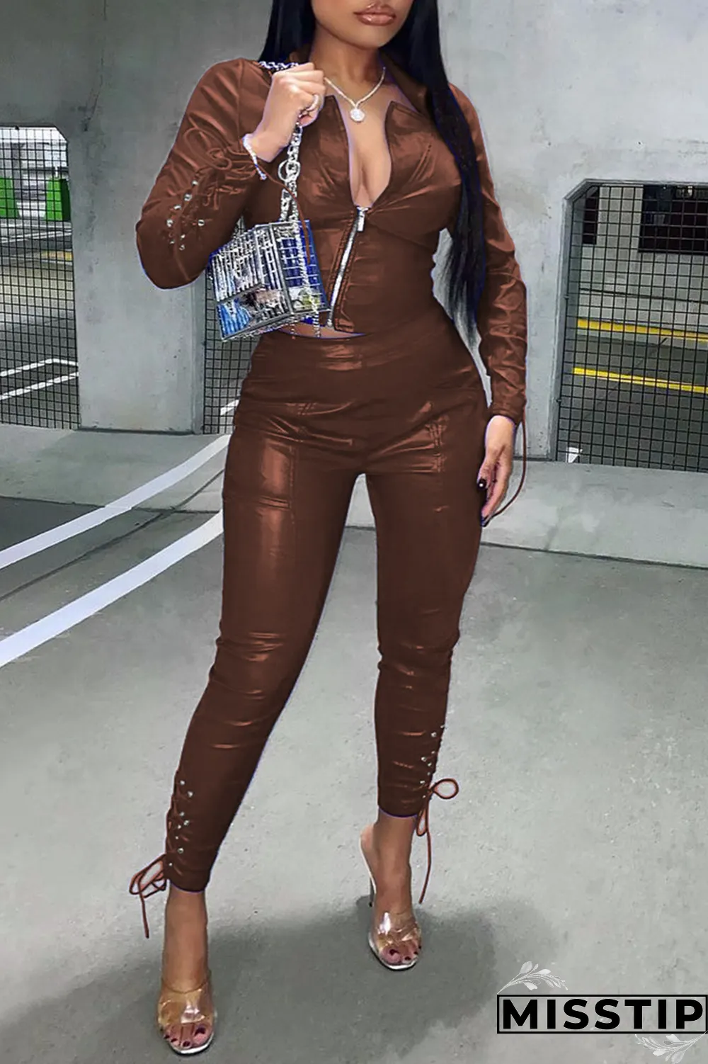 Blue Sexy Solid Draw String Turndown Collar Long Sleeve Two Pieces