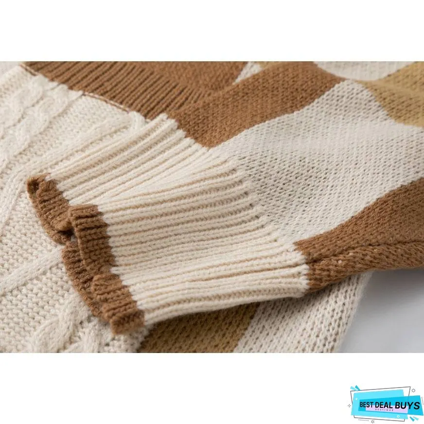 Check Pattern Patchwork Pockets Cardigan Sweater