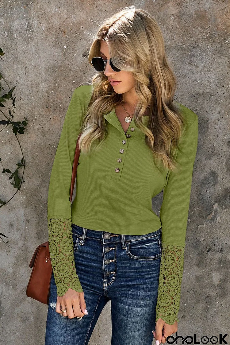 Women's Green Crochet Lace Hem Sleeve Button Casual Top