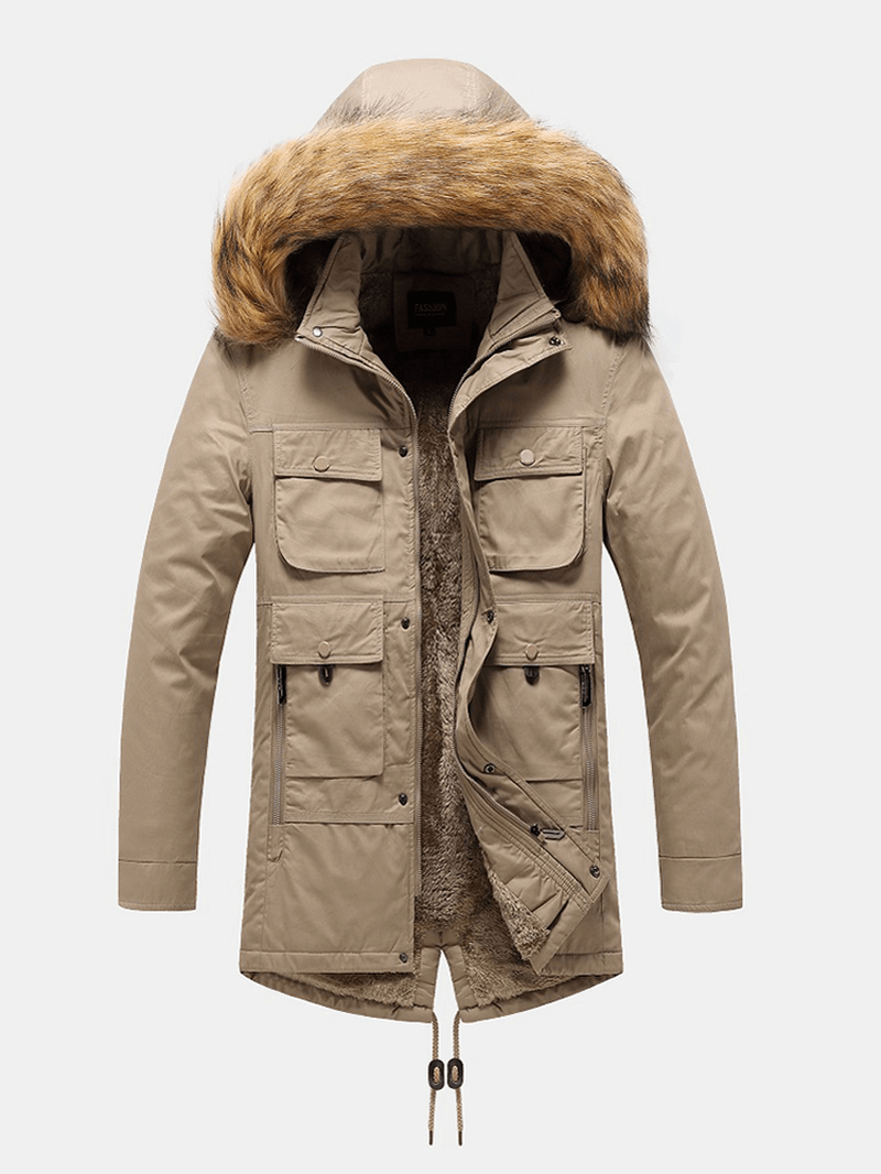 Mens Solid Color Detachable Faux Fur Collar Hooded Warm Fleece Lined Coats