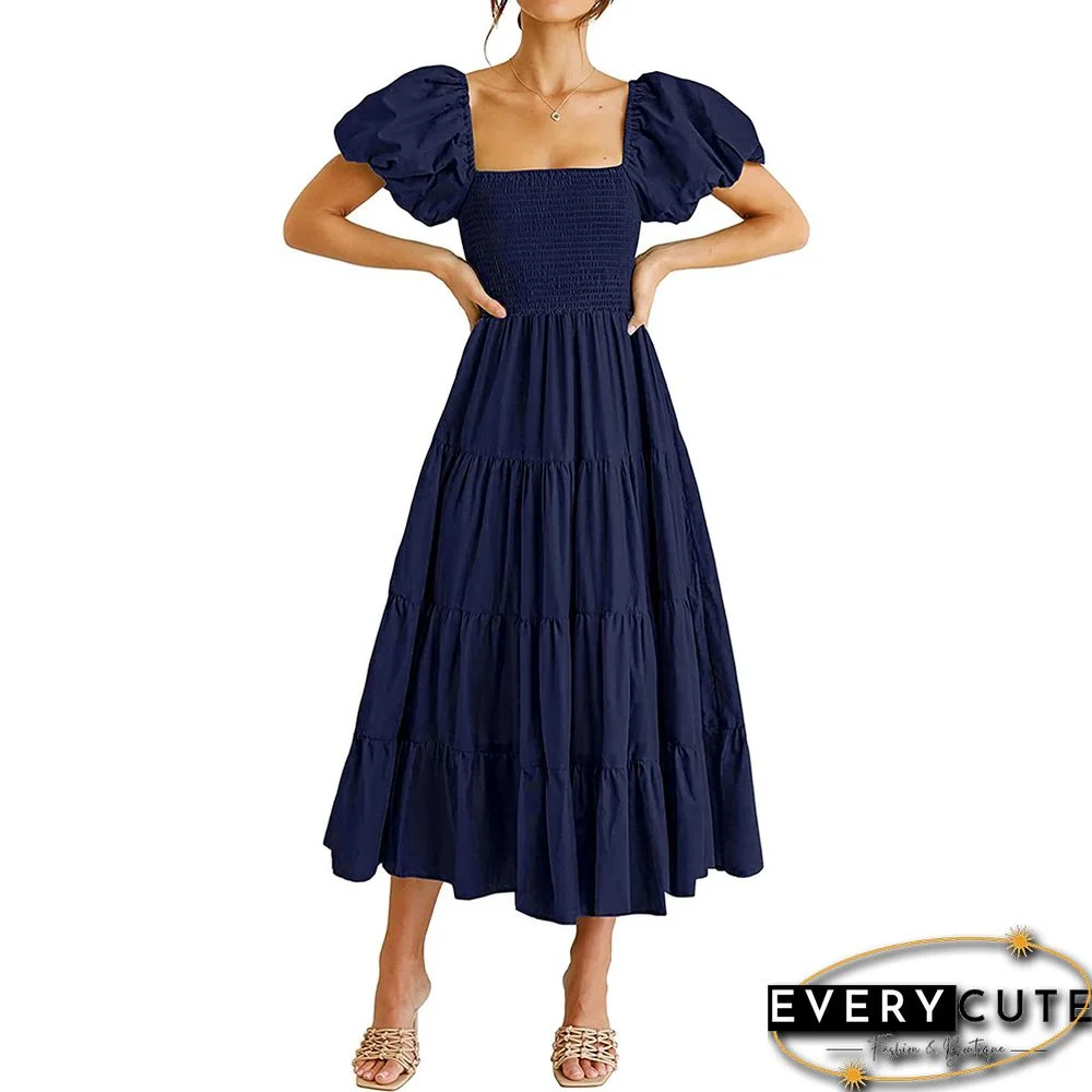 Navy Blue Square Neck Puff Sleeve Pleated Casual Dress