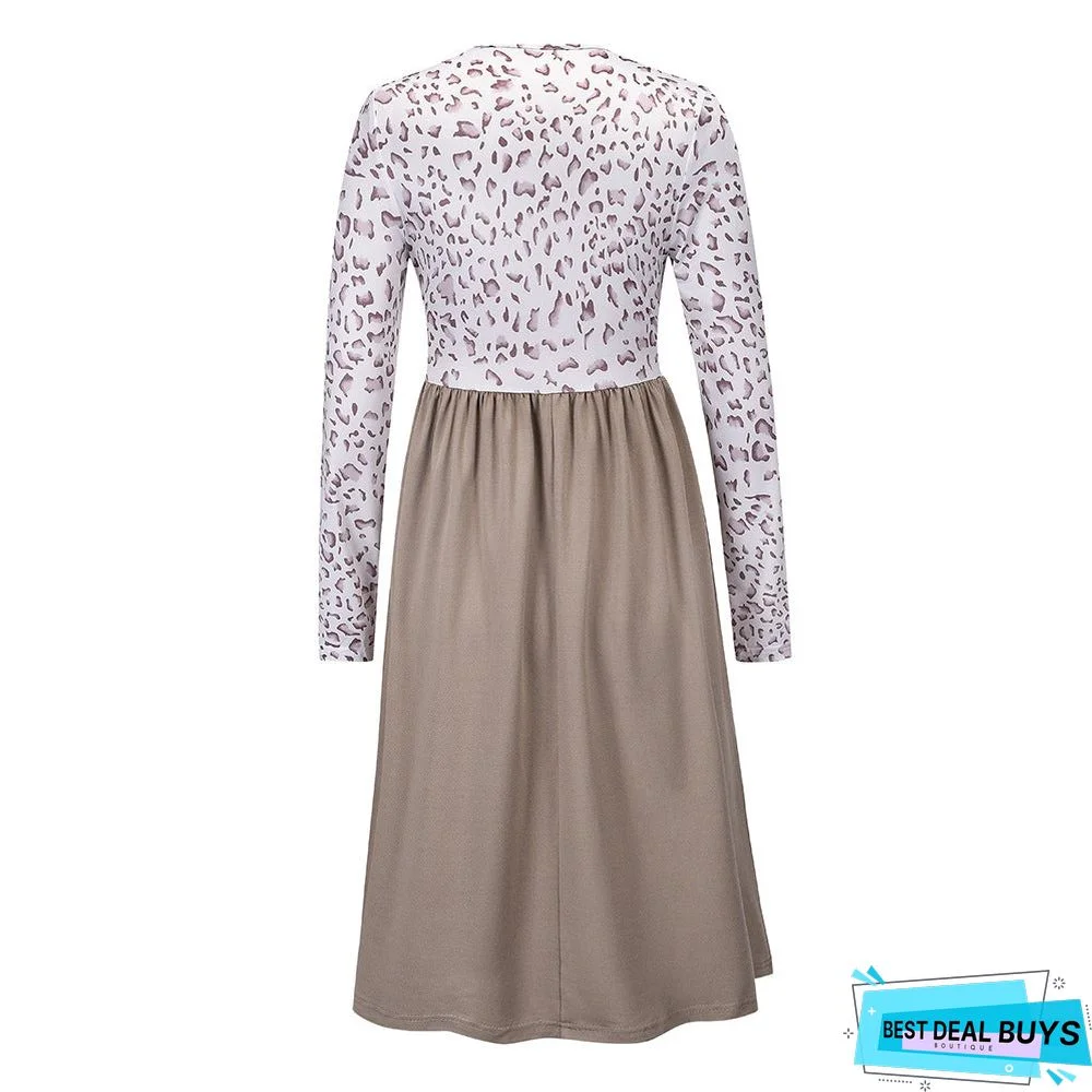 Leopard Stitched Long Sleeve Dress New Knitted Skirt In Autumn and Winter Black Dresses