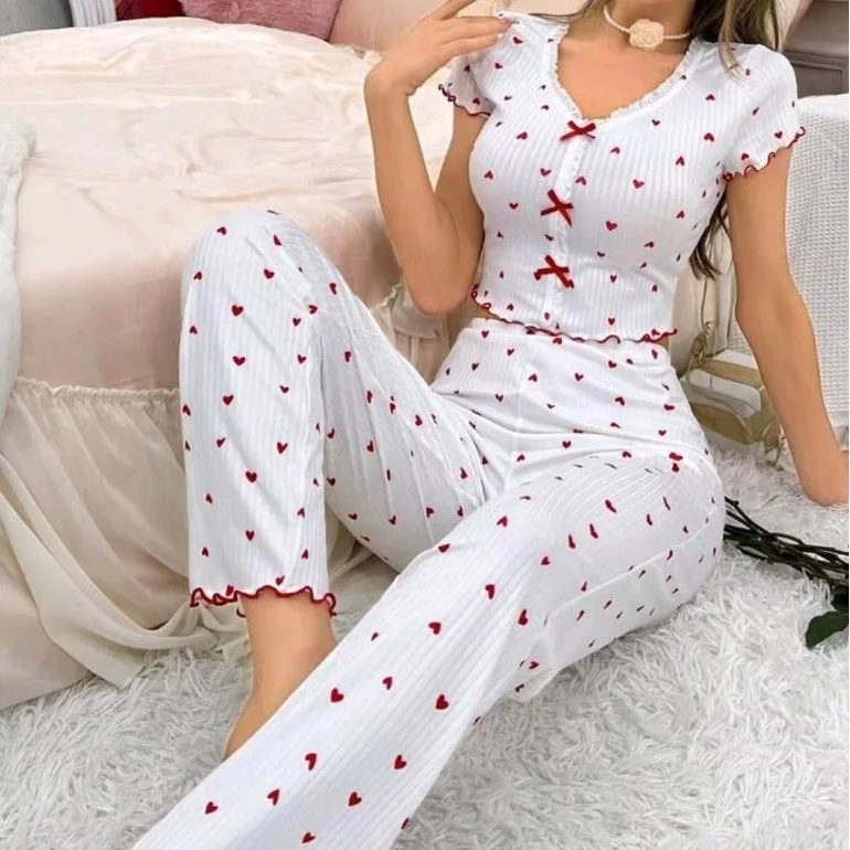 Brownm Hot Sales Of Printed Home Clothes Rolls Love V Collar Long Sleeves Pajamas Women Can Wear Trousers Two Sets