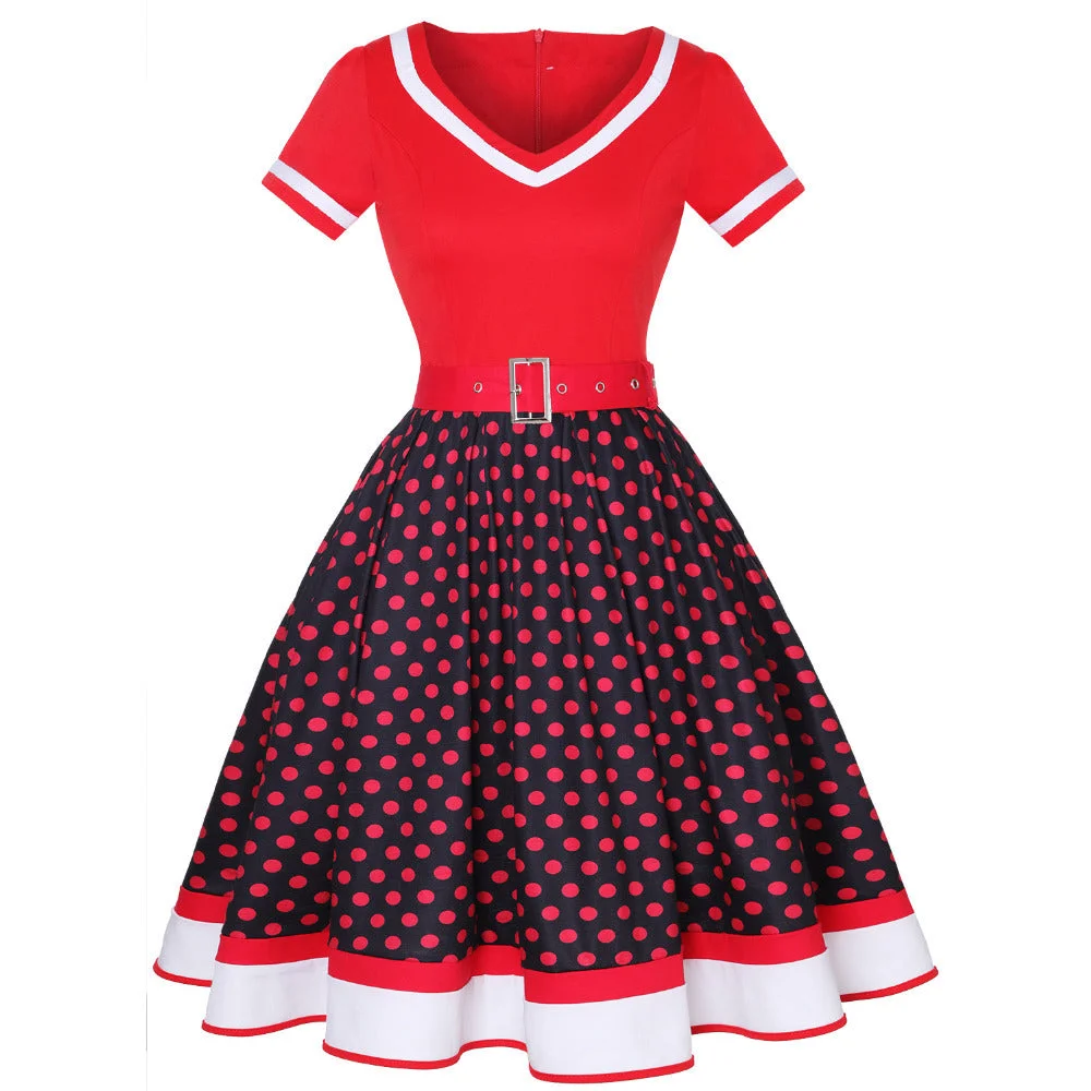 Uveng Cotton Pleated Skirt V-neck Dot Swing Dress