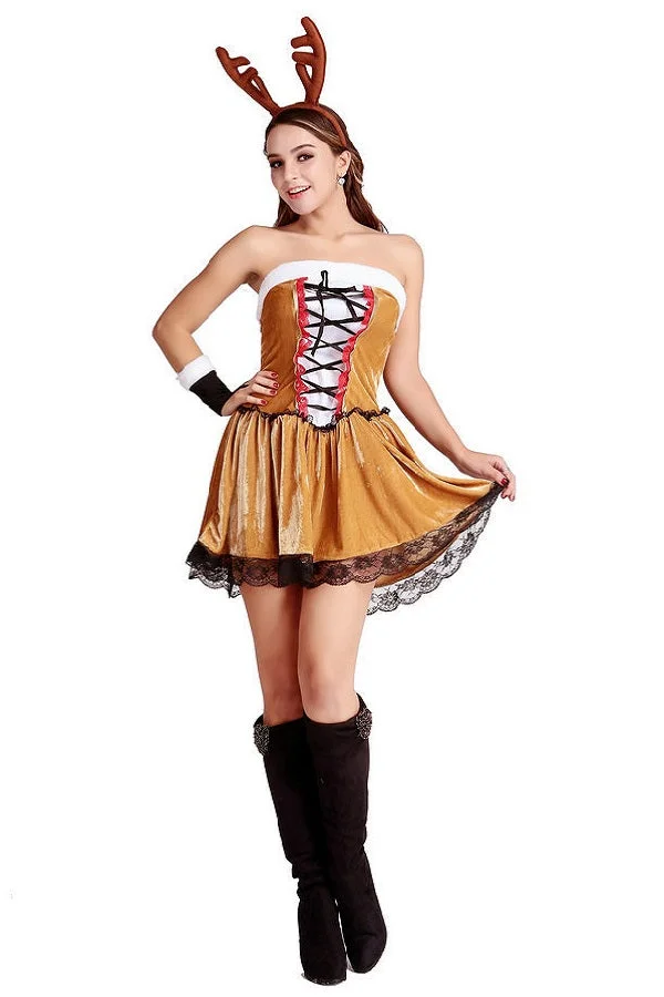 Women Sexy Lace Up Tube Christmas Reindeer Costume-elleschic